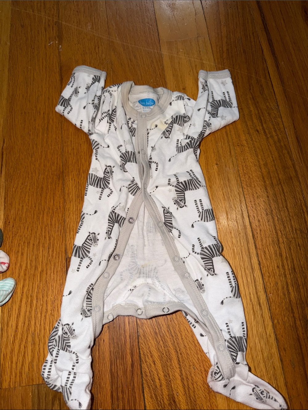 Bon Bebe White and Gray Zebra Print Footed One-Piece